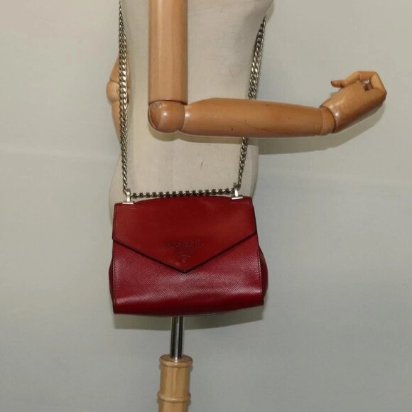 PRADA Chain Shoulder Bag Safiano leather Red Silver Auth - Picture 1 of 15